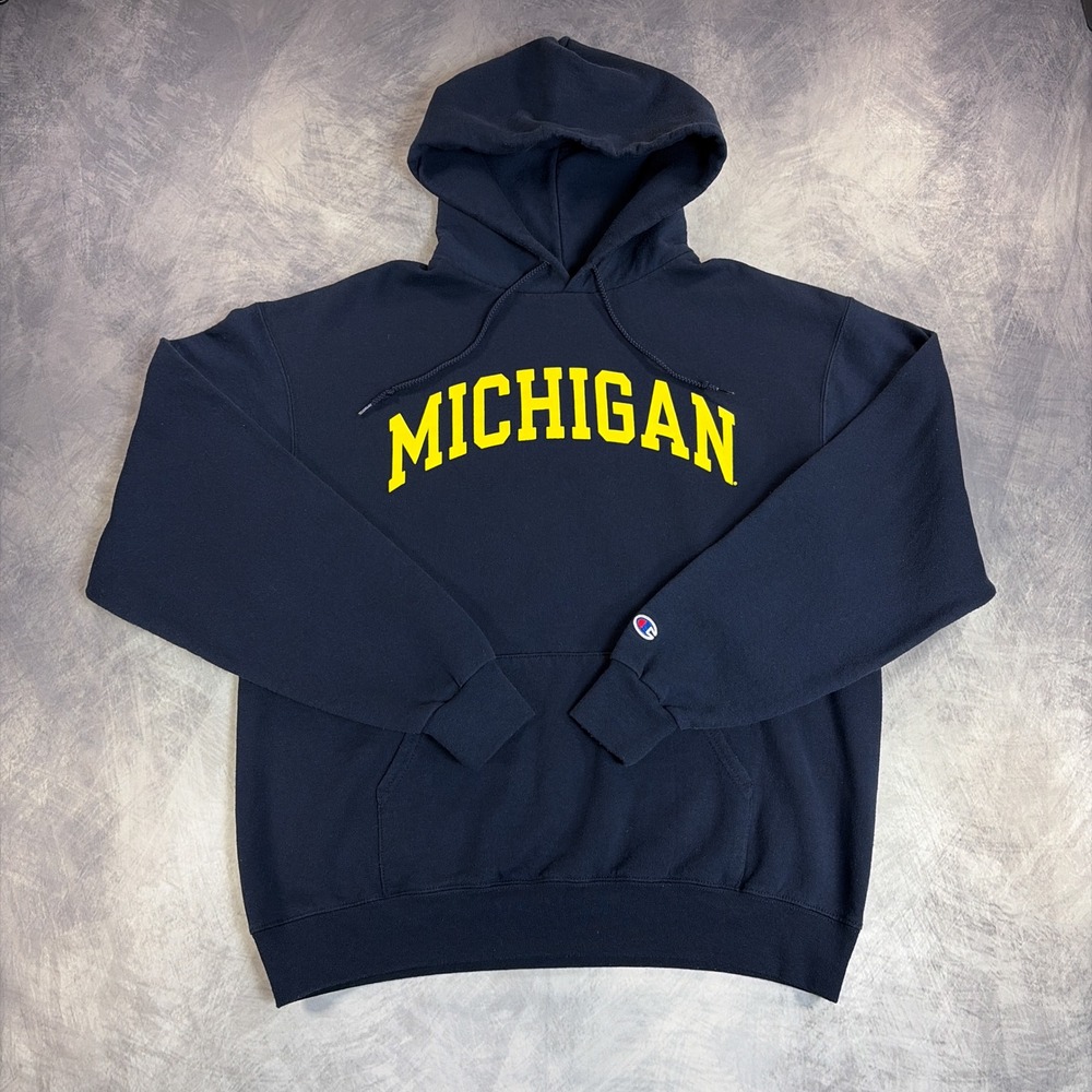 Champion Michigan Hoodie Mens Large Navy Blue Eco Fleece Graphic Pullover